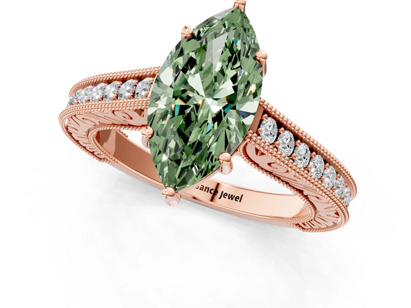 Rose gold Fancy Green Marquise Cut Cut Pave Band Milgrain Solitaire Ring