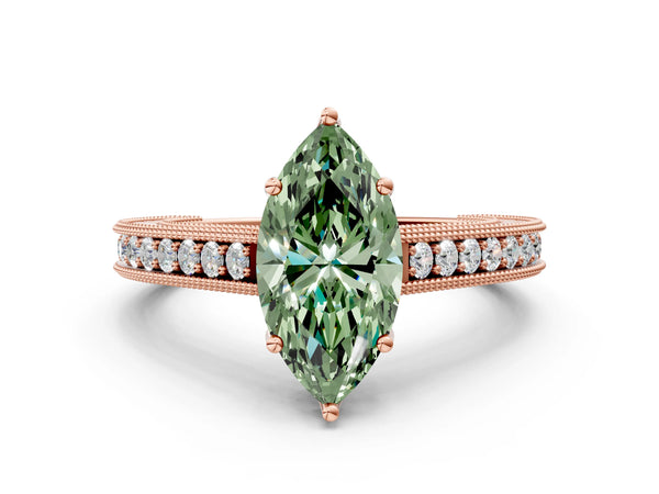 Rose gold Fancy Green Marquise Cut Cut Pave Band Milgrain Solitaire Ring