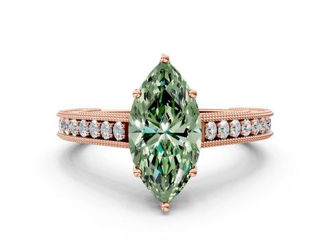 Rose gold Fancy Green Marquise Cut Cut Pave Band Milgrain Solitaire Ring_7