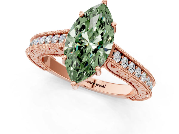 Rose gold Fancy Green Marquise Cut Cut Pave Band Milgrain Solitaire Ring