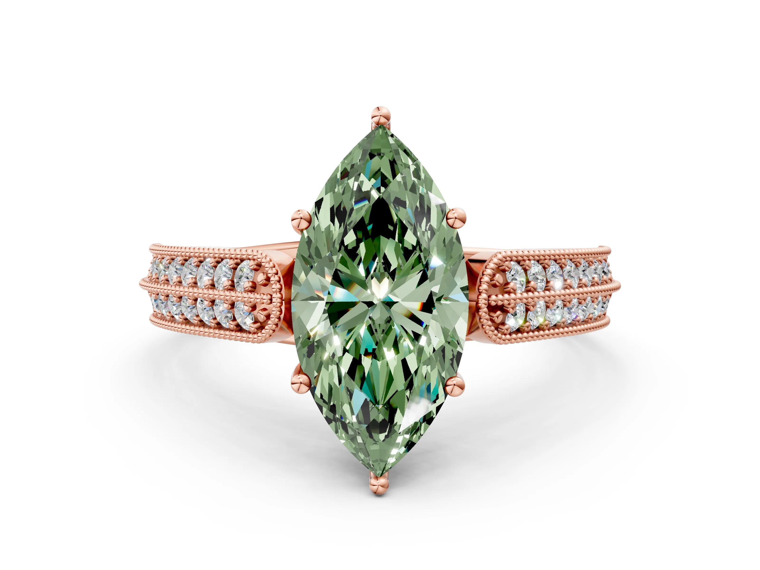 Rose gold Fancy Green Marquise Cut Cut Pave Split Shank Engagement Ring with Four-Prong Setting