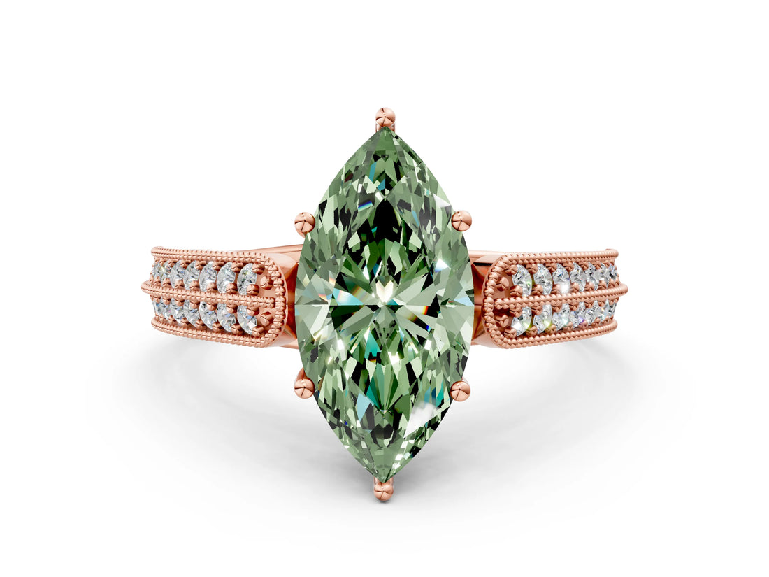 Rose gold Fancy Green Marquise Cut Cut Pave Split Shank Engagement Ring with Four-Prong Setting