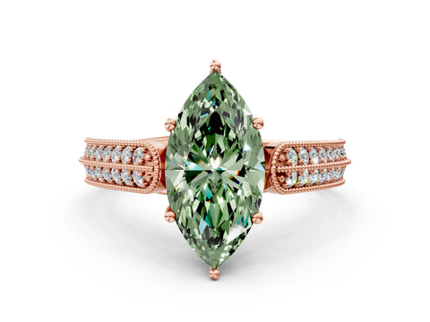 Rose gold Fancy Green Marquise Cut Cut Pave Split Shank Engagement Ring with Four-Prong Setting