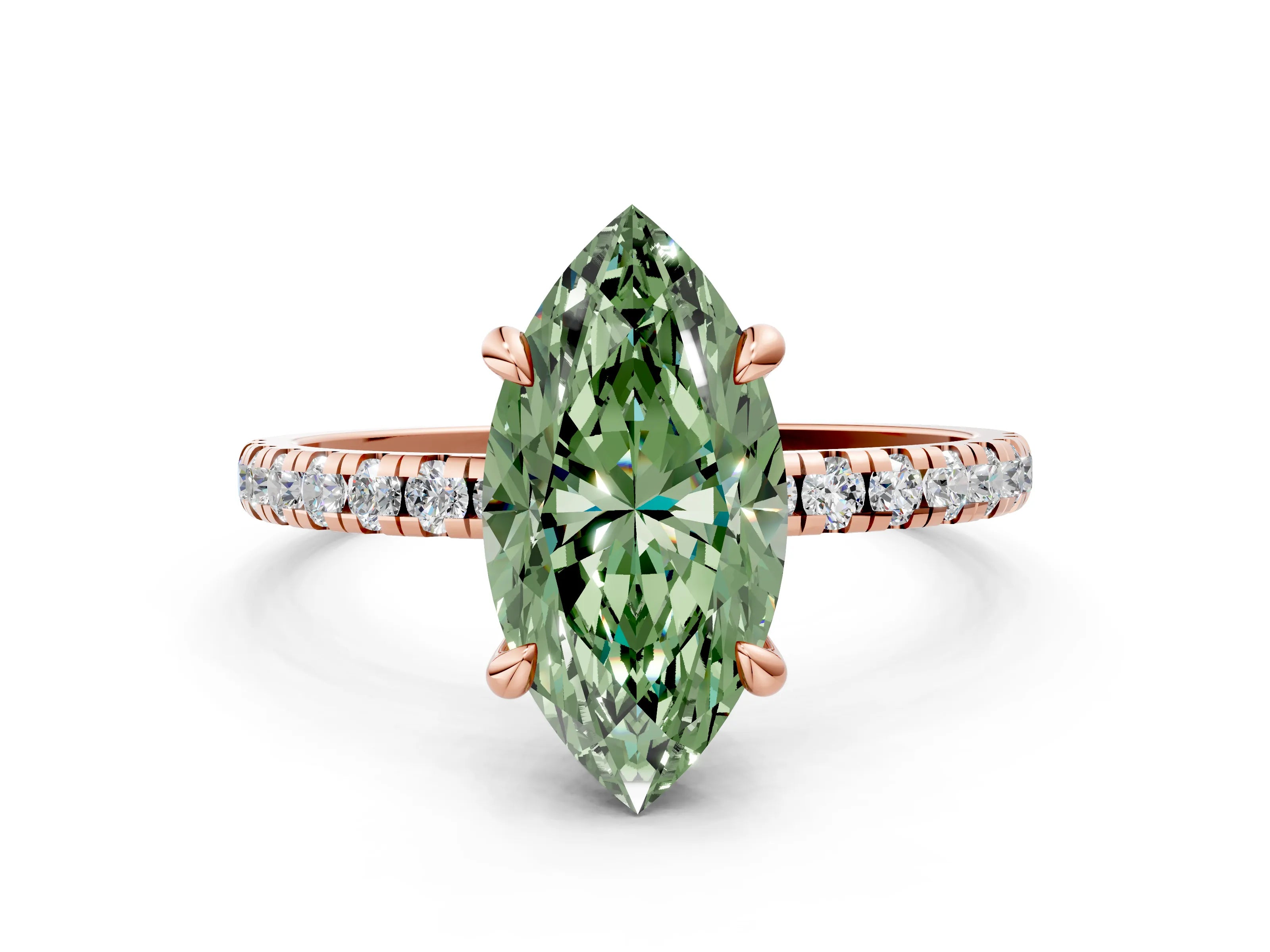 Rose gold Fancy Green Marquise Cut Diamond Brilliant Solitaire Ring with Pavé Band and Four-Prong Setting