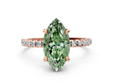 Rose gold Fancy Green Marquise Cut Diamond Brilliant Solitaire Ring with Pavé Band and Four-Prong Setting