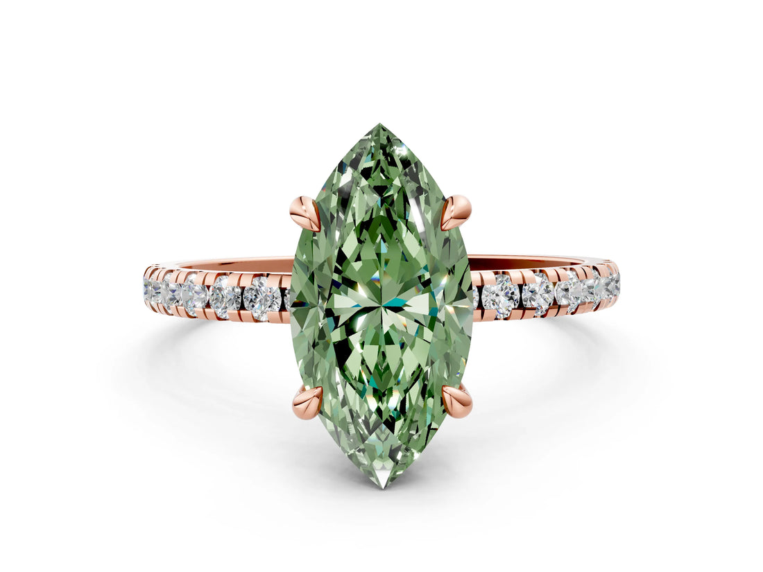Rose gold Fancy Green Marquise Cut Diamond Brilliant Solitaire Ring with Pavé Band and Four-Prong Setting_12