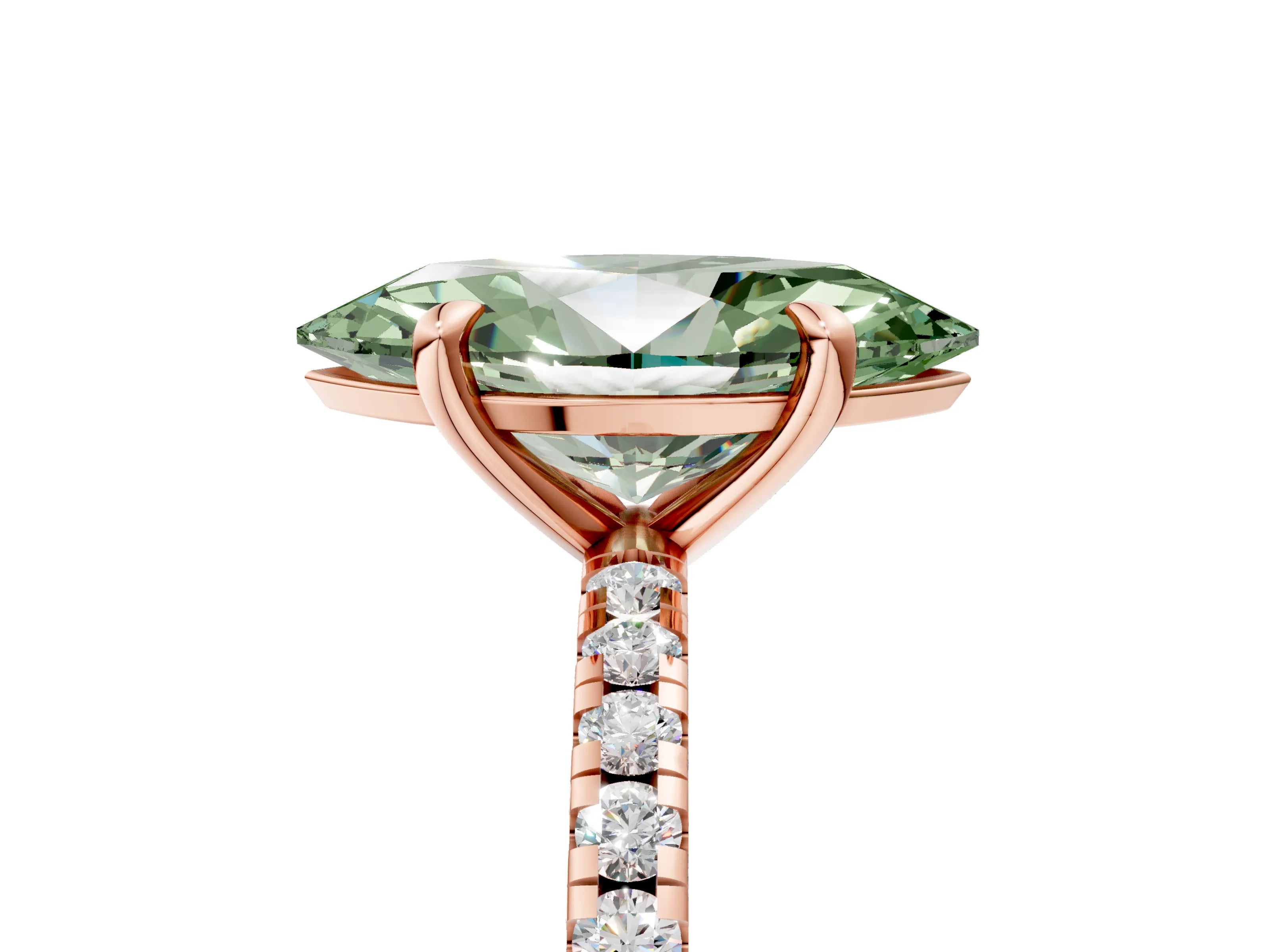 Rose gold Fancy Green Marquise Cut Diamond Brilliant Solitaire Ring with Pavé Band and Four-Prong Setting_5
