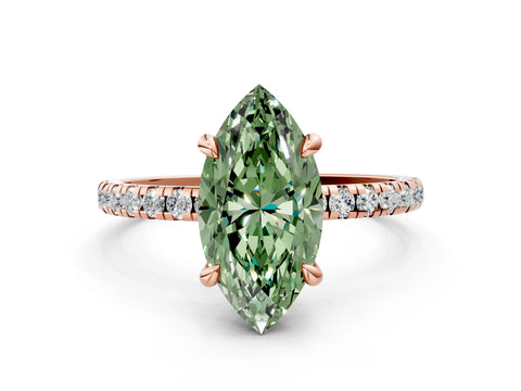 Rose gold Fancy Green Marquise Cut Diamond Brilliant Solitaire Ring with Pavé Band and Four-Prong Setting
