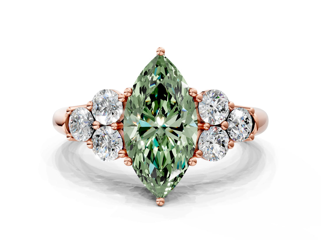 Rose gold Fancy Green Marquise  Cut Diamond Cluster Ring with Round Accent Stones and Prong Setting on a Classic Band_49