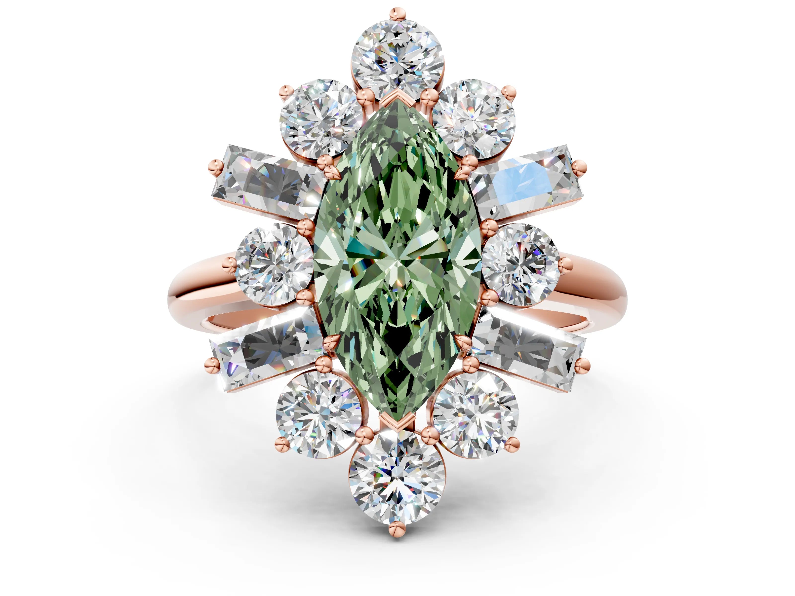 Rose gold Fancy Green Marquise Cut Diamond Cluster Ring with Round and Baguette Stones, Split Shank Band, Prong Setting