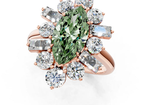 Rose gold Fancy Green Marquise Cut Diamond Cluster Ring with Round and Baguette Stones, Split Shank Band, Prong Setting_1