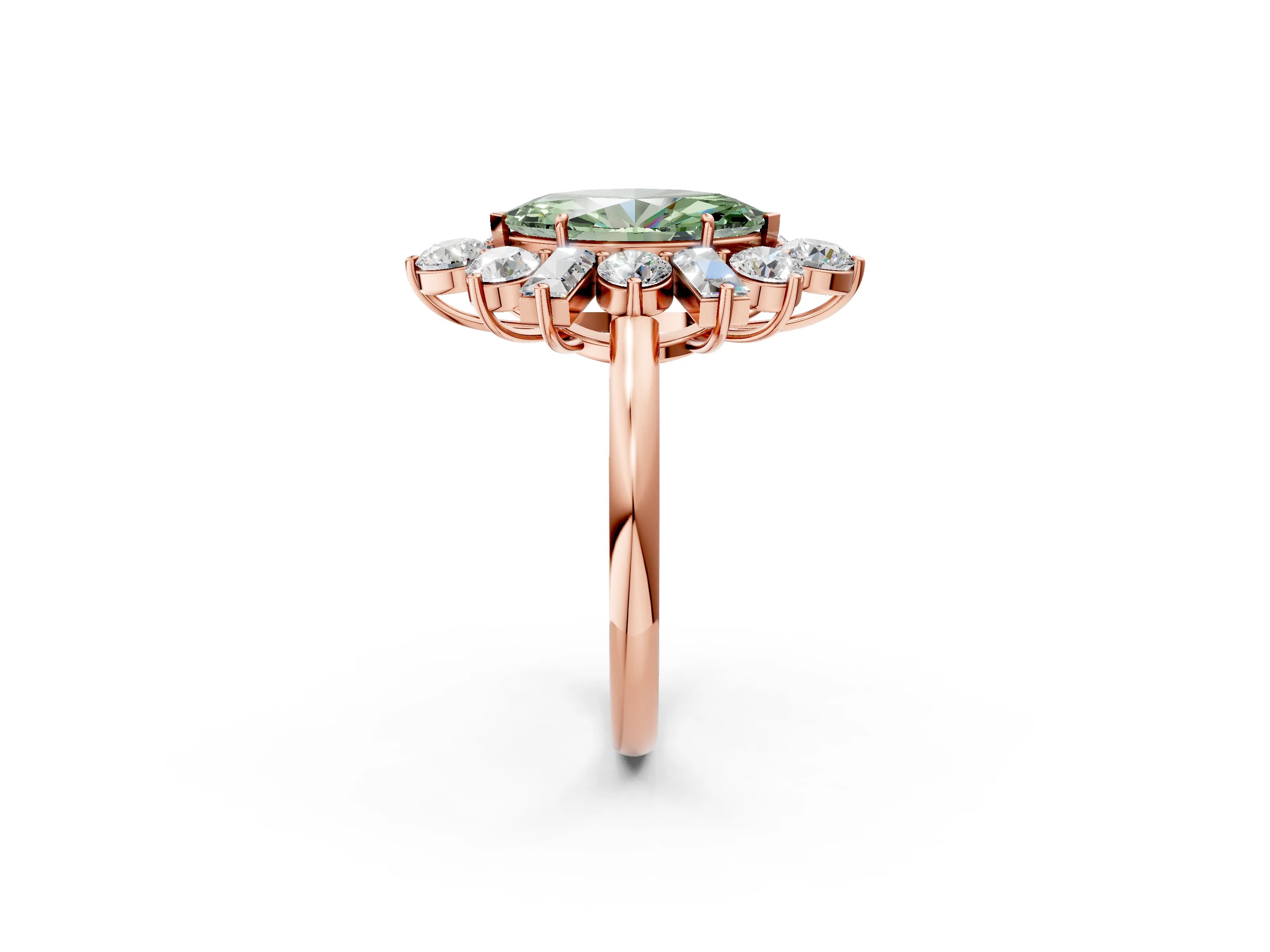 Rose gold Fancy Green Marquise Cut Diamond Cluster Ring with Round and Baguette Stones, Split Shank Band, Prong Setting_2