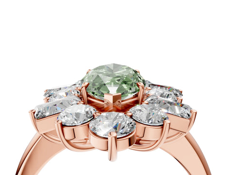 Rose gold Fancy Green Marquise Cut Diamond Cluster Ring with Round and Baguette Stones, Split Shank Band, Prong Setting_4