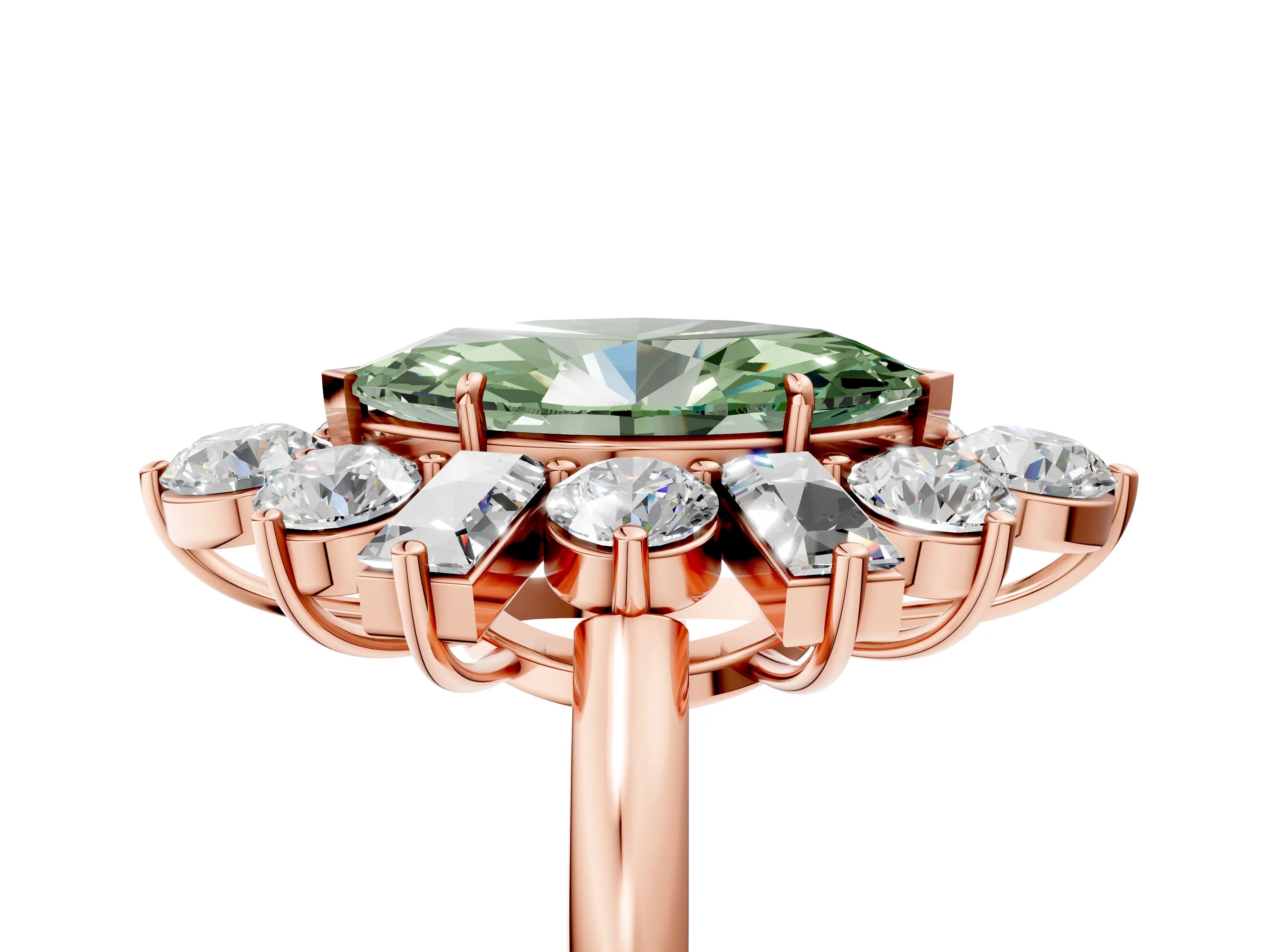 Rose gold Fancy Green Marquise Cut Diamond Cluster Ring with Round and Baguette Stones, Split Shank Band, Prong Setting_5
