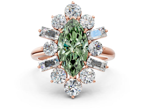 Rose gold Fancy Green Marquise Cut Diamond Cluster Ring with Round and Baguette Stones, Split Shank Band, Prong Setting