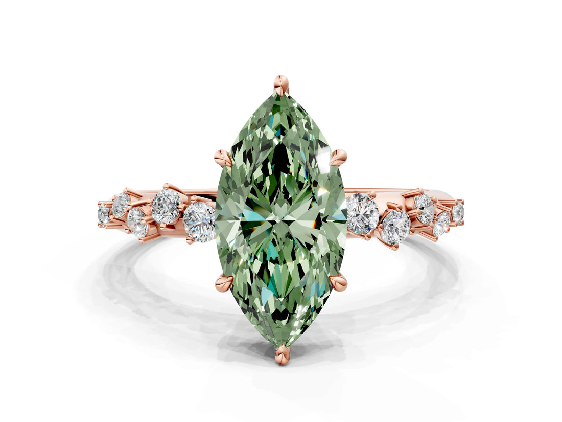 Rose gold Fancy Green Marquise Cut Diamond Cluster Side Stone Solitaire Ring with Prong Setting_73