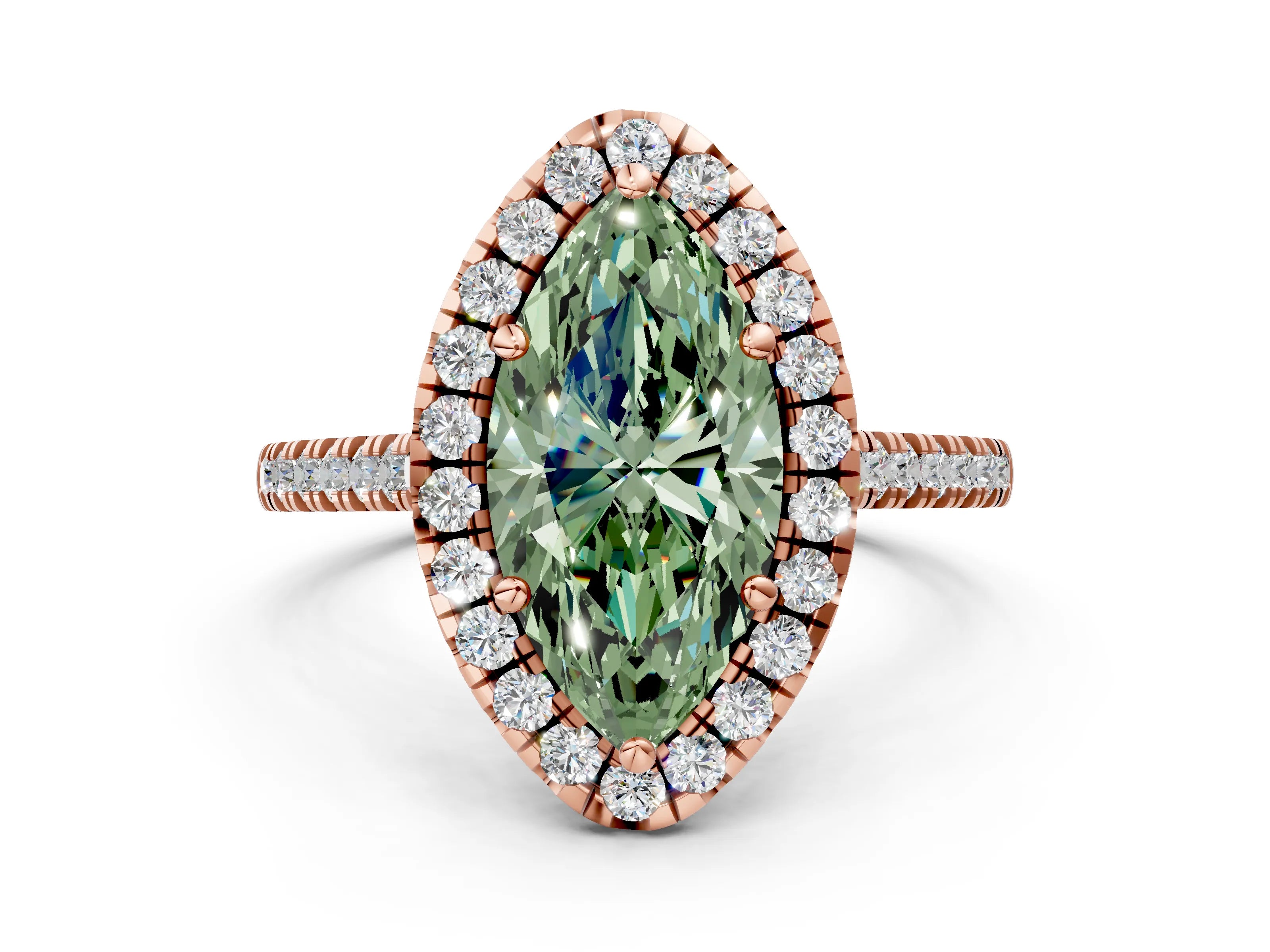Rose gold Fancy Green Marquise Cut Diamond Cushion Halo Ring with Pavé Band