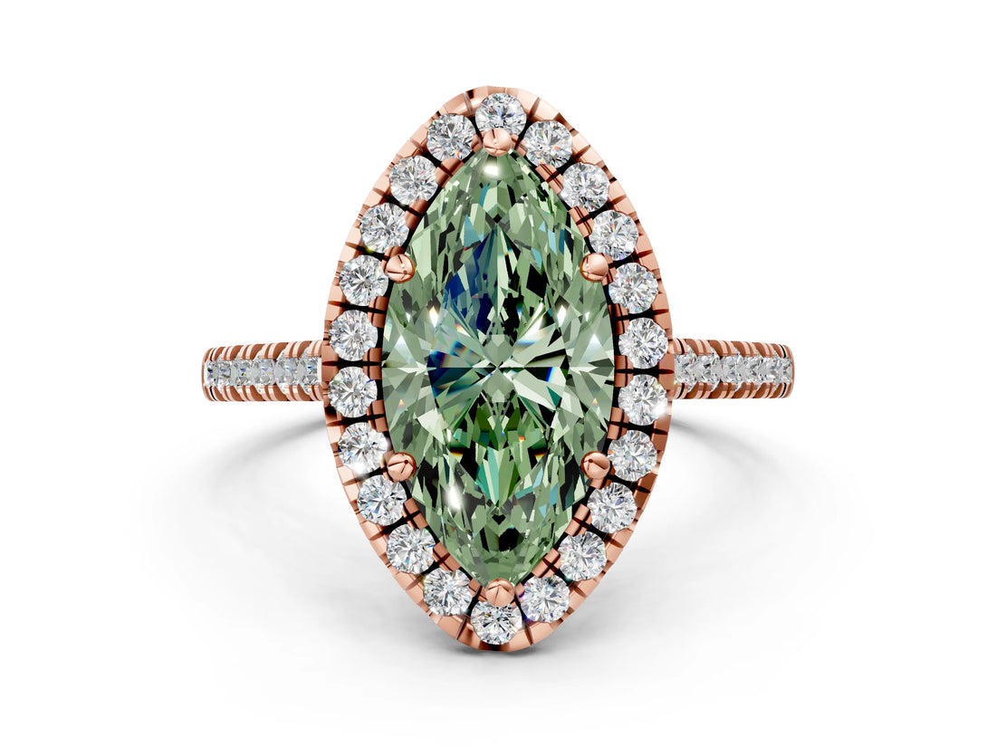 Rose gold Fancy Green Marquise Cut Diamond Cushion Halo Ring with Pavé Band