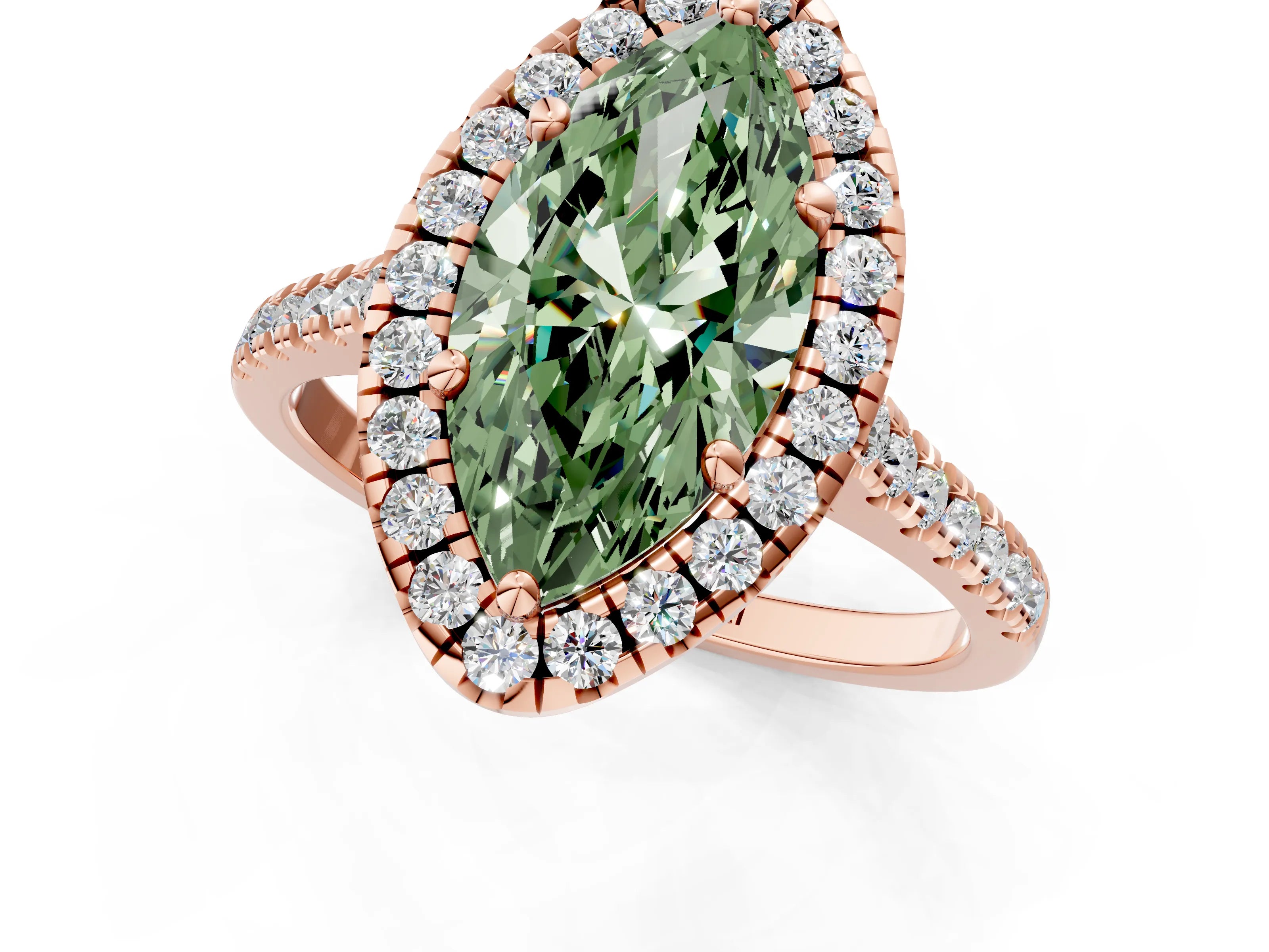 Rose gold Fancy Green Marquise Cut Diamond Cushion Halo Ring with Pavé Band_1