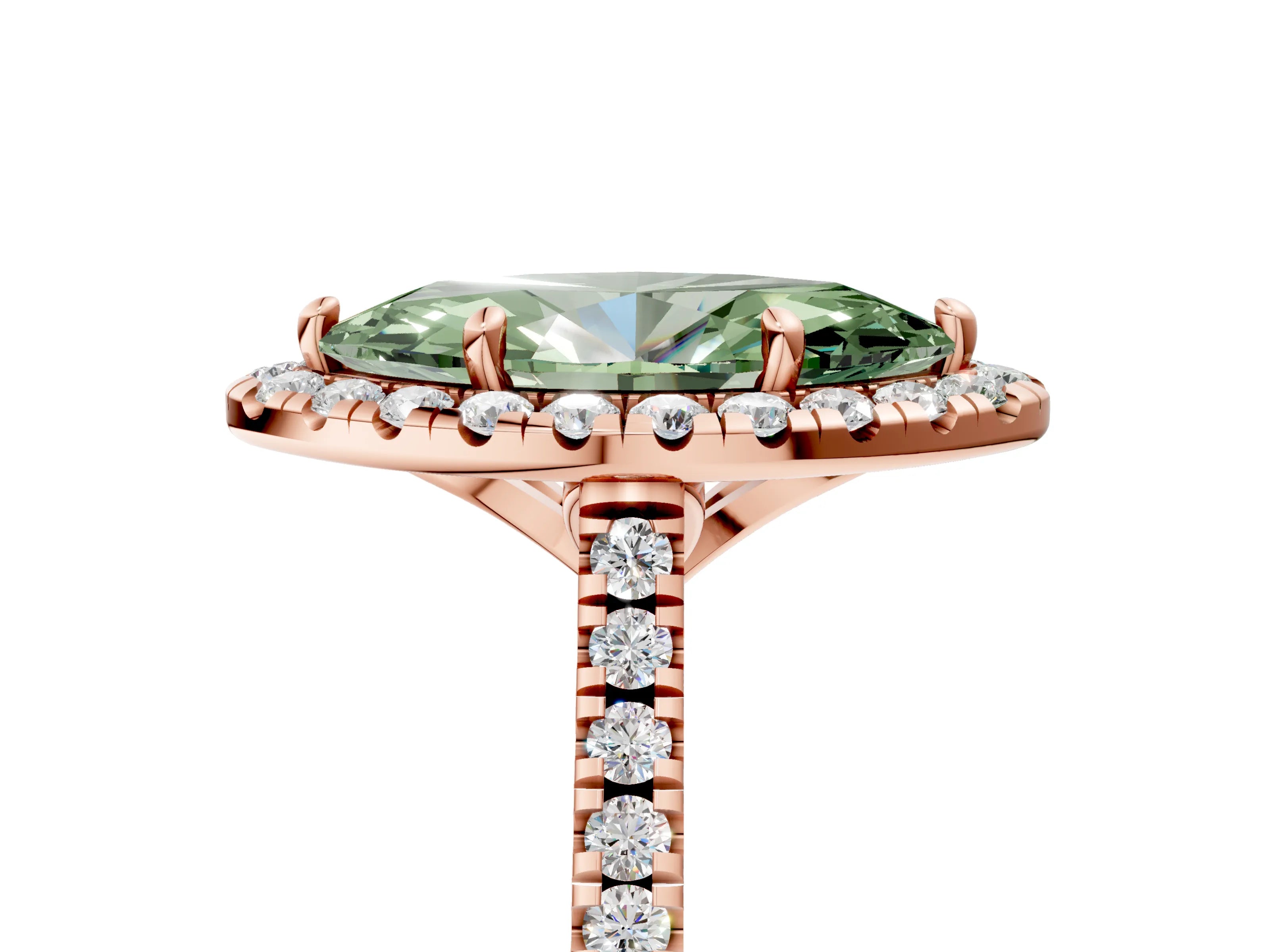 Rose gold Fancy Green Marquise Cut Diamond Cushion Halo Ring with Pavé Band_5