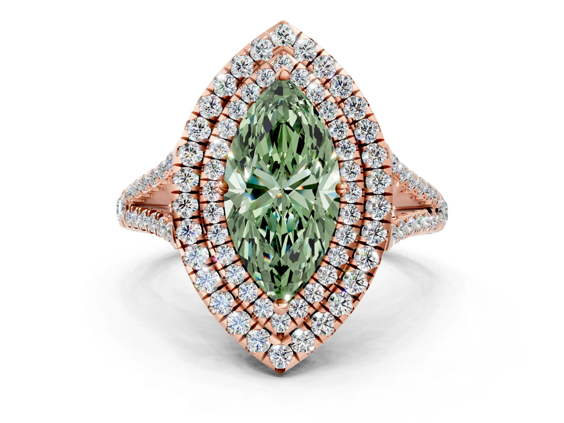 Rose gold Fancy Green Marquise Cut Diamond Double Halo Ring with Pavé Band and Prong Setting_89