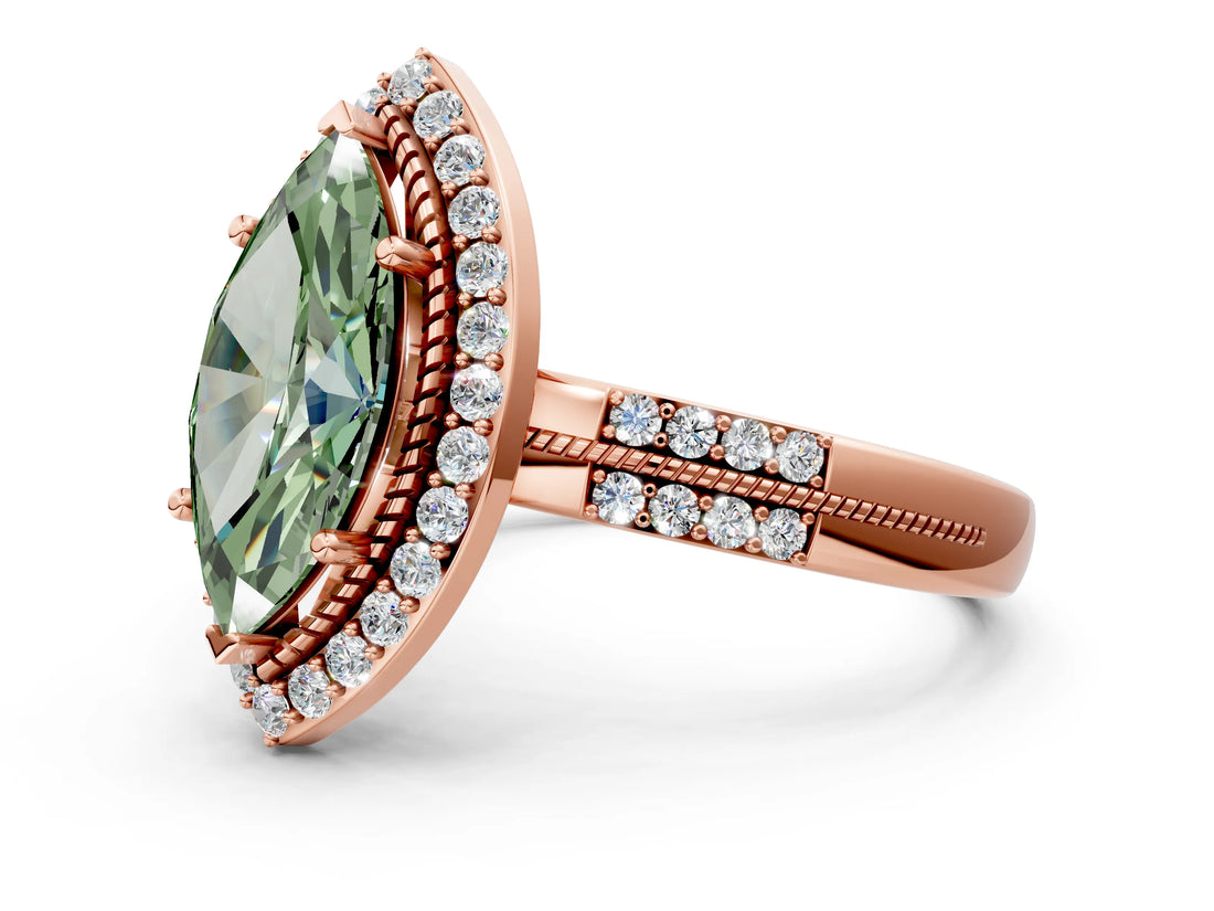 Rose gold Fancy Green Marquise Cut Diamond Double Halo Ring with Split Shank and Four-Prong Setting