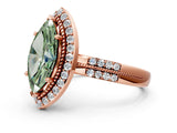 Rose gold Fancy Green Marquise Cut Diamond Double Halo Ring with Split Shank and Four-Prong Setting