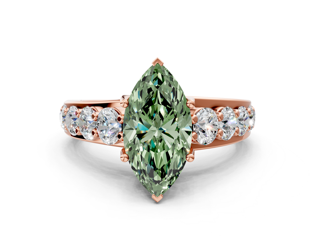 Rose gold Fancy Green Marquise  Cut Diamond Engagement Ring with Pavé Band and Four-Prong Setting_3