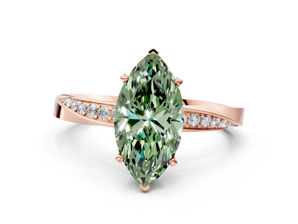 Rose gold Fancy Green Marquise Cut Diamond Engagement Ring with Side Stone Accents and Four-Prong Setting