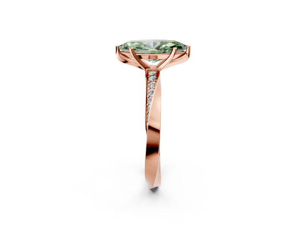 Rose gold Fancy Green Marquise Cut Diamond Engagement Ring with Side Stone Accents and Four-Prong Setting