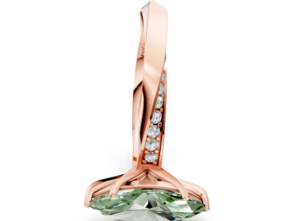 Rose gold Fancy Green Marquise Cut Diamond Engagement Ring with Side Stone Accents and Four-Prong Setting