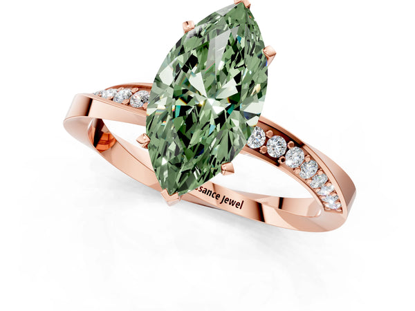 Rose gold Fancy Green Marquise Cut Diamond Engagement Ring with Side Stone Accents and Four-Prong Setting