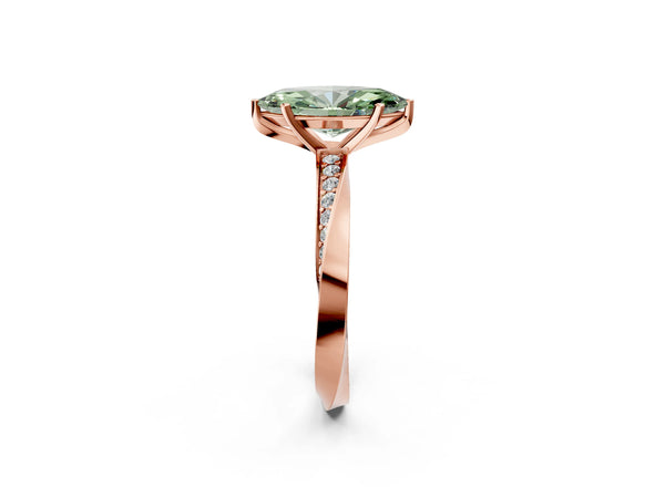 Rose gold Fancy Green Marquise Cut Diamond Engagement Ring with Side Stone Accents and Four-Prong Setting