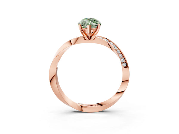Rose gold Fancy Green Marquise Cut Diamond Engagement Ring with Side Stone Accents and Four-Prong Setting