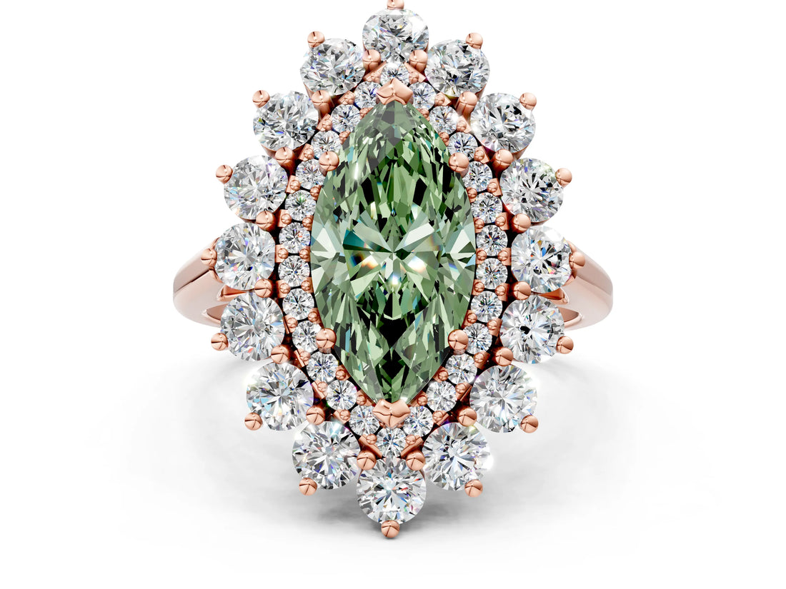 Rose gold Fancy Green Marquise Cut Diamond Floral Double Halo Engagement Ring with Prong Setting_24