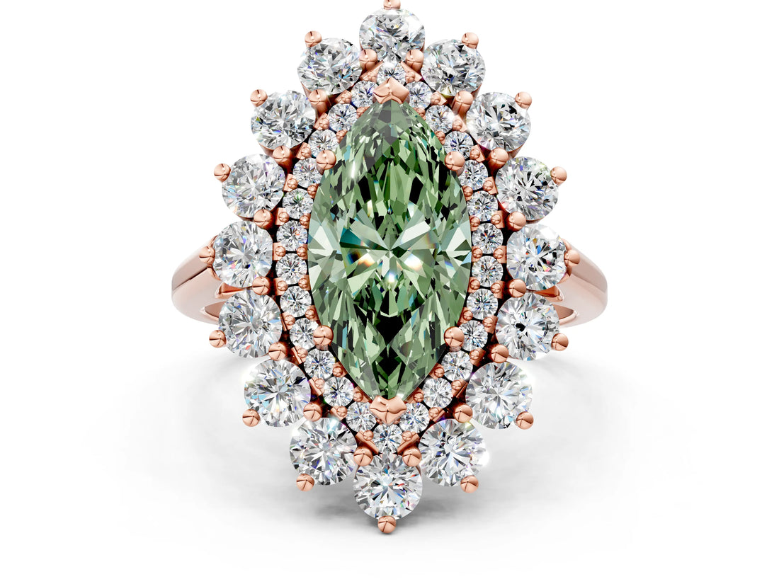 Rose gold Fancy Green Marquise Cut Diamond Floral Double Halo Engagement Ring with Prong Setting_96