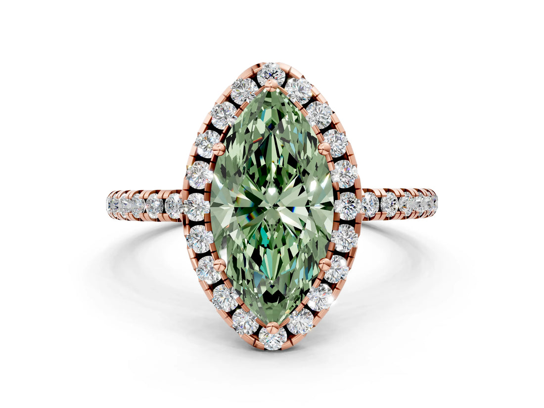 Rose gold Fancy Green Marquise  Cut Diamond Floral Halo Engagement Ring with Pavé Band and Prong Setting_37