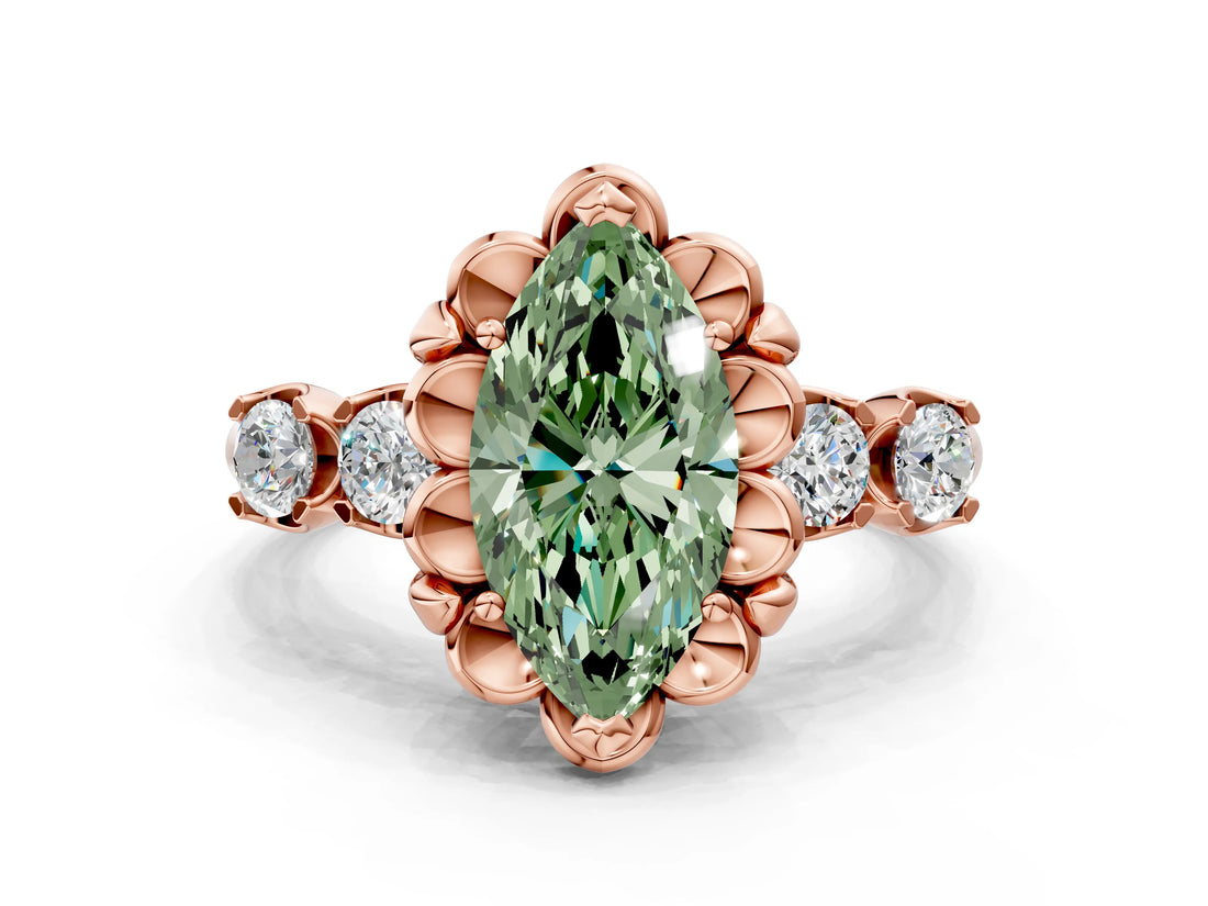 Rose gold Fancy Green Marquise  Cut Diamond Floral Halo Engagement Ring with Shared Prong Setting 1