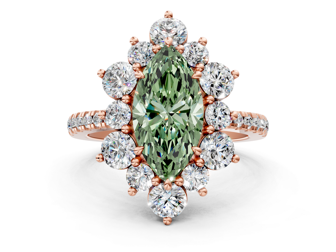 Rose gold Fancy Green Marquise  Cut Diamond Floral Halo Pave Band with Prong Setting_54