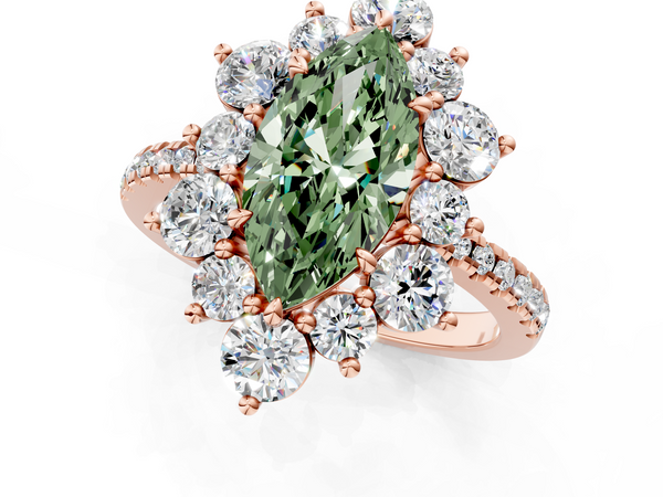 Rose gold Fancy Green Marquise  Cut Diamond Floral Halo Pave Band with Prong Setting