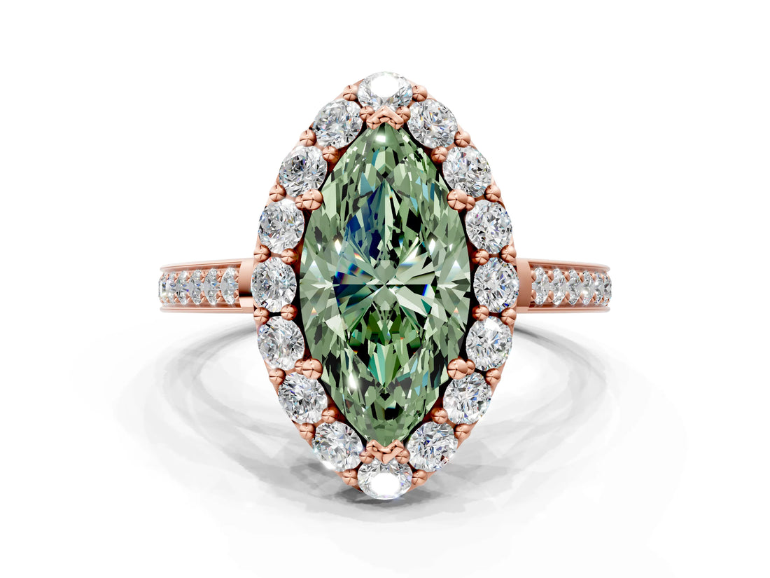 Rose gold Fancy Green Marquise Cut Diamond Floral Halo Ring with Pavé Band and Prong Setting_3