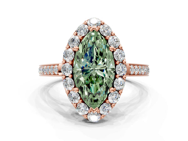 Rose gold Fancy Green Marquise Cut Diamond Floral Halo Ring with Pavé Band and Prong Setting