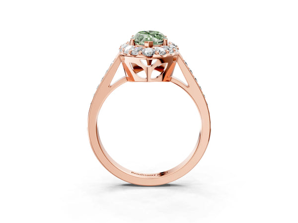 Rose gold Fancy Green Marquise Cut Diamond Floral Halo Ring with Pavé Band and Prong Setting