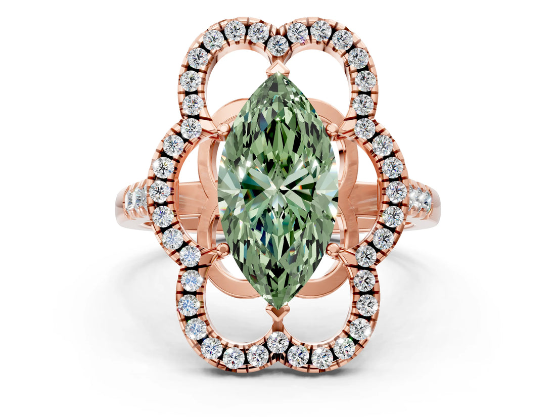 Rose gold Fancy Green Marquise Cut Diamond Floral Halo Split Shank Prong Setting Ring_24