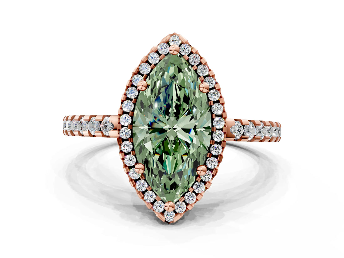 Rose gold Fancy Green Marquise Cut Diamond Halo Engagement Ring with Pavé Band and Prong Setting_27