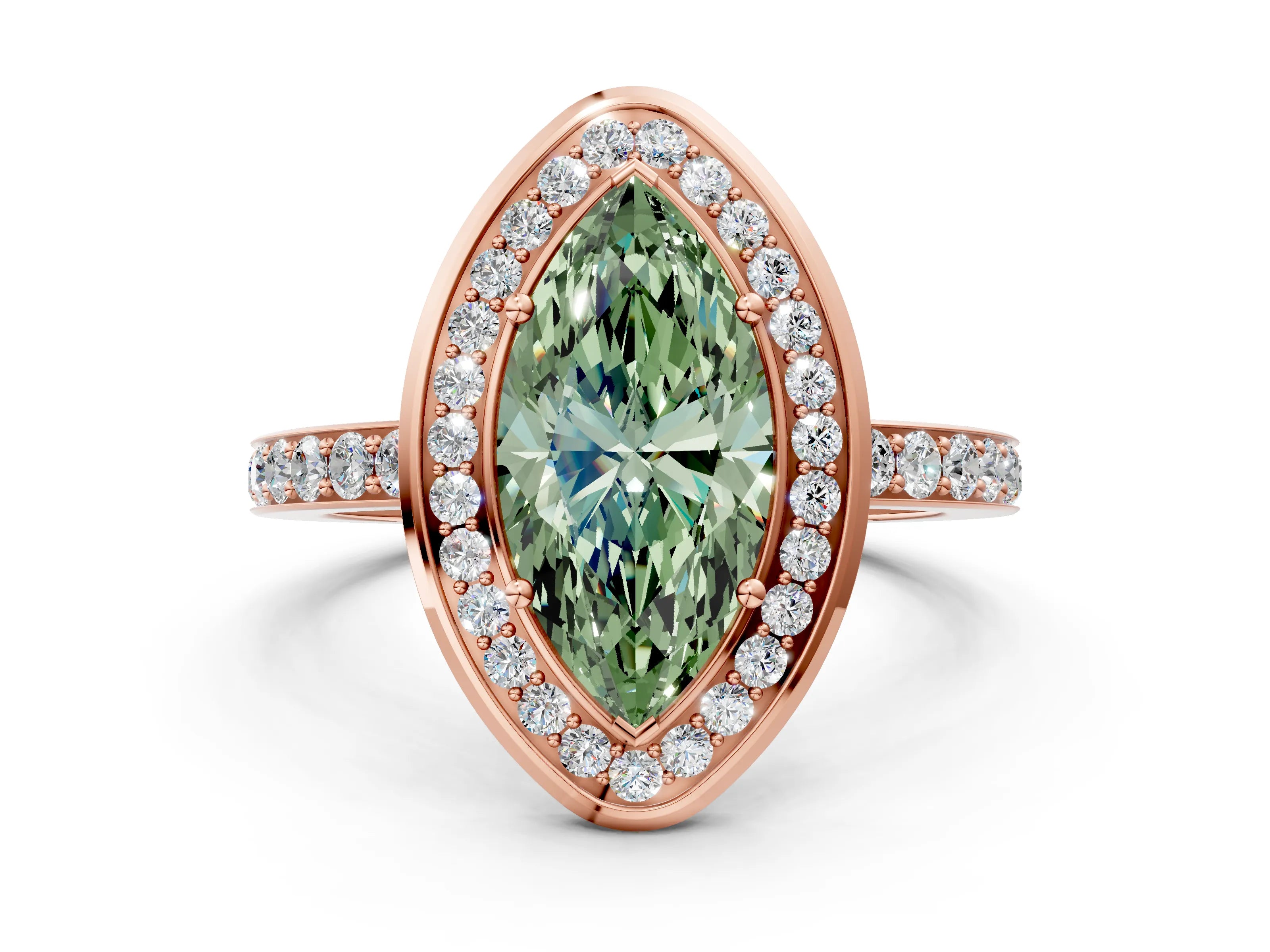 Rose gold Fancy Green Marquise Cut Diamond Halo Ring with Bezel Frame and Pavé Band
