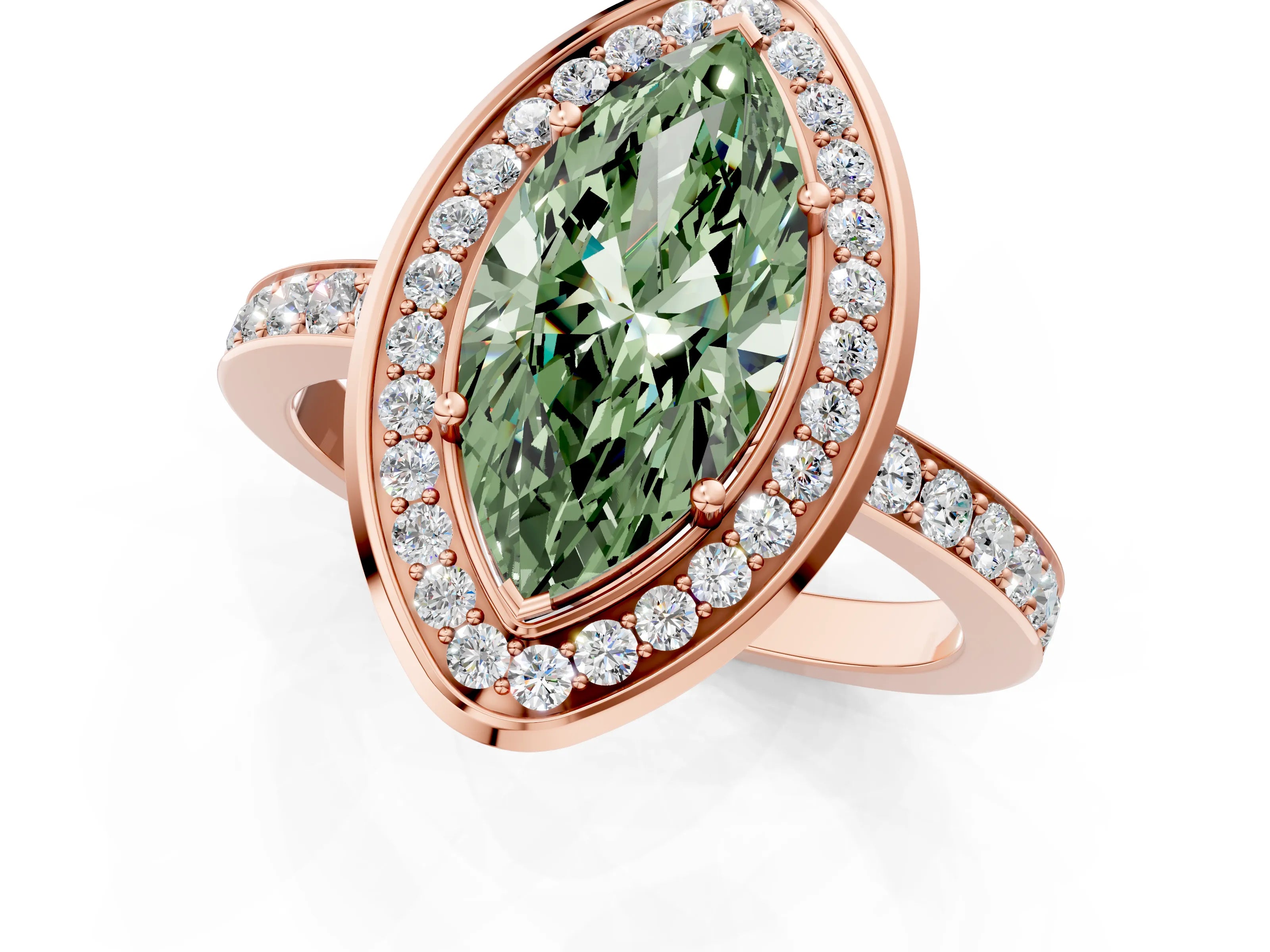 Rose gold Fancy Green Marquise Cut Diamond Halo Ring with Bezel Frame and Pavé Band_1