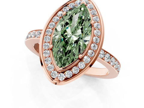 Rose gold Fancy Green Marquise Cut Diamond Halo Ring with Bezel Frame and Pavé Band_1