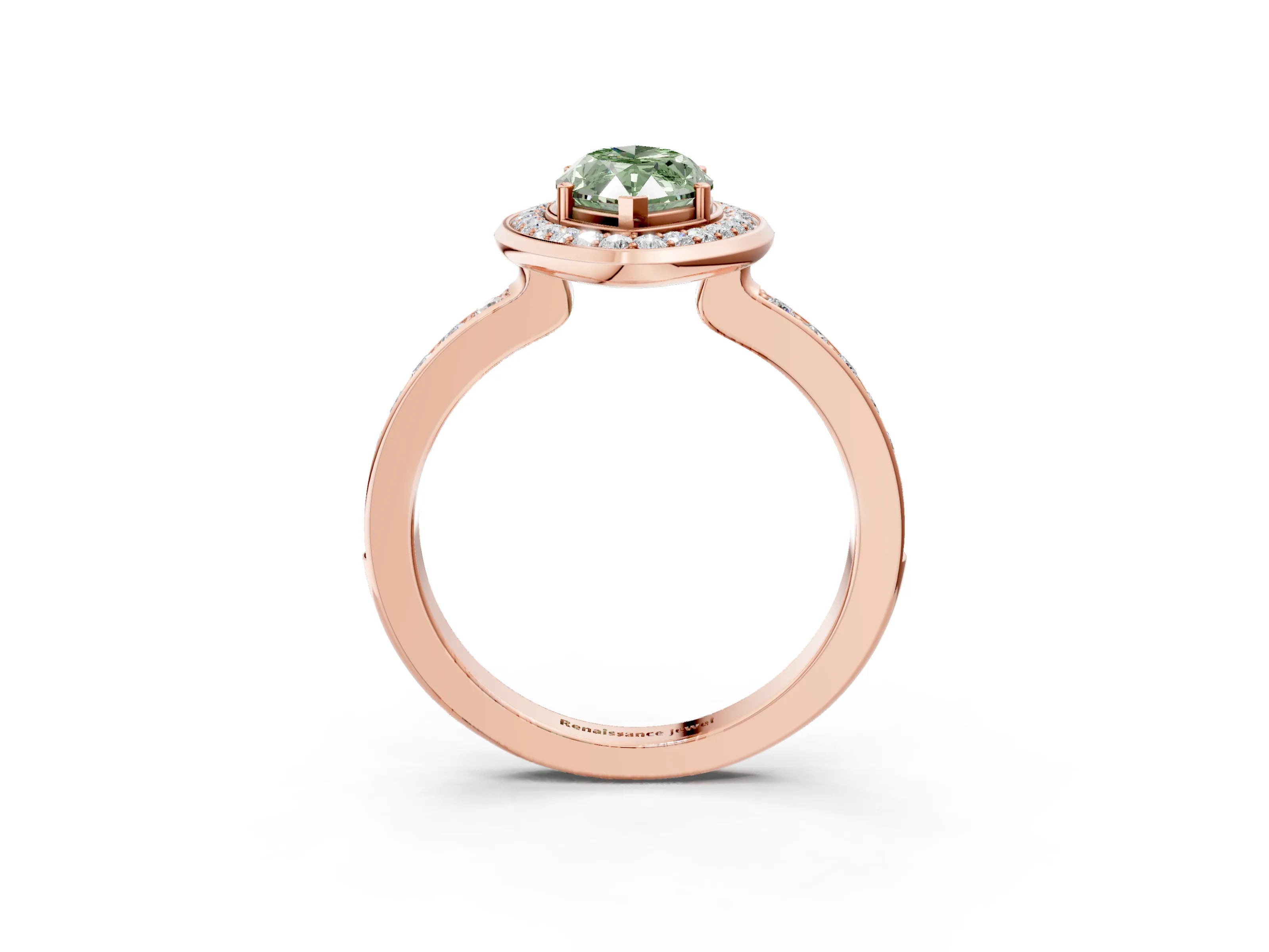 Rose gold Fancy Green Marquise Cut Diamond Halo Ring with Bezel Frame and Pavé Band_3