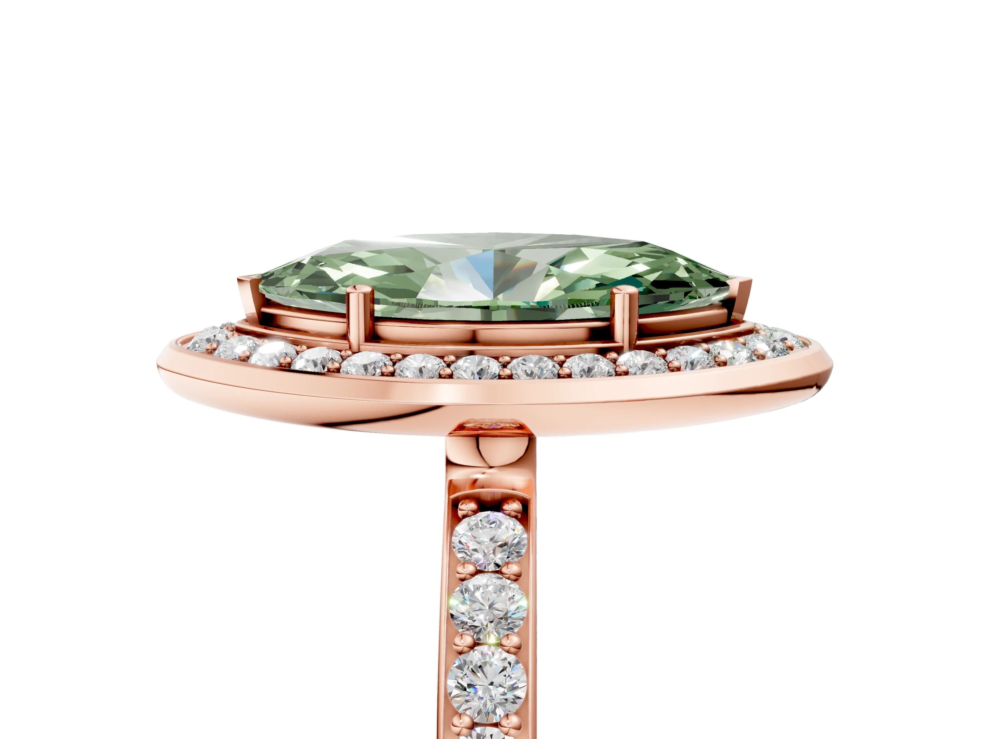 Rose gold Fancy Green Marquise Cut Diamond Halo Ring with Bezel Frame and Pavé Band_5
